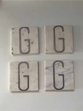 Set of 4 Crate&Barrel White Marble G monogram coasters NWT
